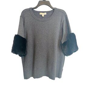 NWT Michael Kors Large Faux Fur Sleeve Sweater Gray & Black